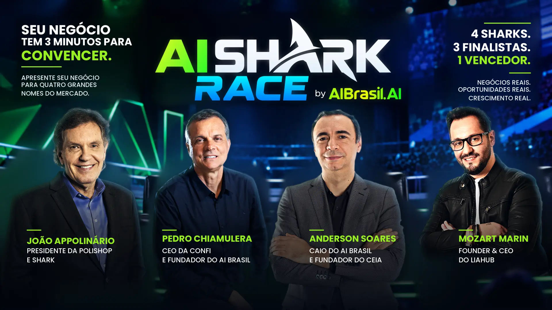 Key visual do AI Shark Race com os quatro Sharks: João Appolinário, Pedro Chiamulera, Anderson Soares e Mozart Marin